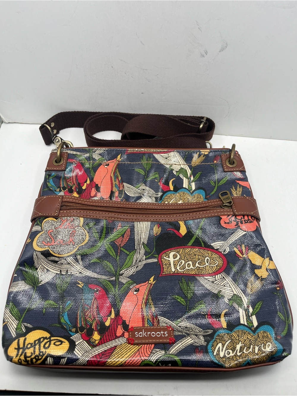Sakroots Navy Floral & Bird Crossbody with Brown Trim